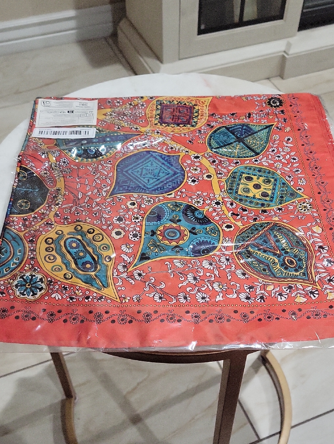 Vibrant Paisley Square Scarf In Coral With Teal & Mustard Accents